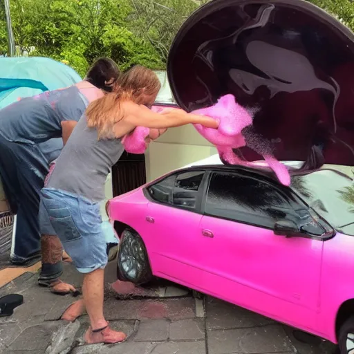 Image similar to pink furry washing cars while eating soap psychedelic style