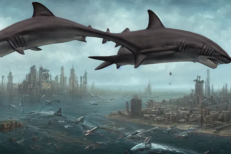 Image similar to a SHARK blimp, steampunk, digital art, extremely detailed, flying over a city, greg rutkowski, cinematic