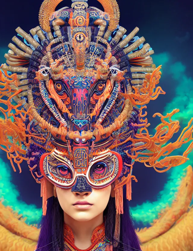 Image similar to 3 d goddess close - up profile portrait aztec with ram skull. beautiful intricately detailed japanese crow kitsune mask and clasical japanese kimono. betta fish, jellyfish phoenix, bio luminescent, plasma, ice, water, wind, creature, artwork by tooth wu and wlop and beeple and greg rutkowski