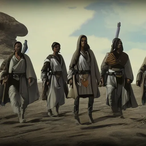 Image similar to a group of Jedi on the planet Felucia, cinematic