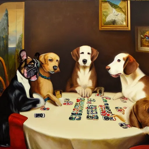 Prompt: oil painting of dogs playing poker