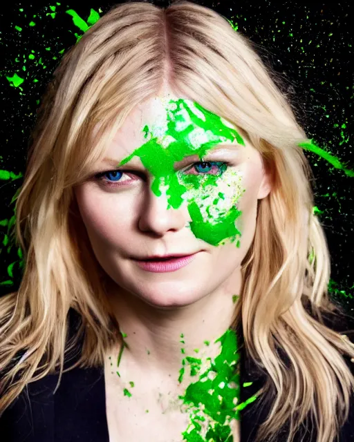 Prompt: photorealistic portrait headshot photos of kirsten dunst with bright green paint splattered across her face. photoshoot peter hurley, nyc headshot photographer, photorealistic