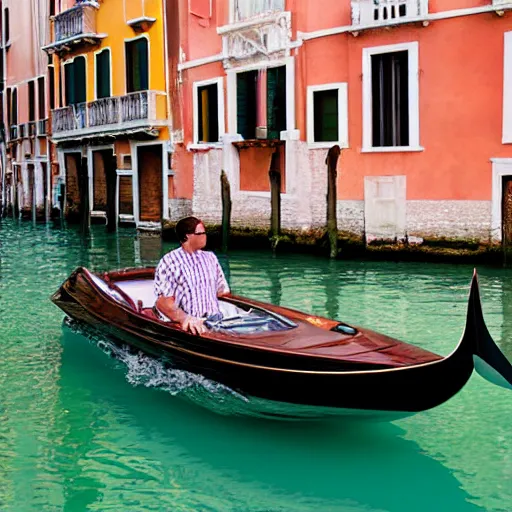 Image similar to a fashionable man driving a riva boat around the the venetian lagoon. kodak portra film photograph. fine art photography. cinematography inspired composition