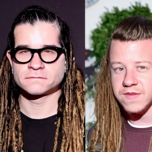 Image similar to skrillex and macklemore kissing with their hair entangled