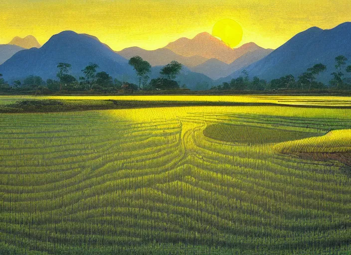 Image similar to painting of a rice paddy with two big mountains in the background, a wide asphalt road divides paddy field in the middle composition, big yellow sun rising between 2 mountains, old master masterpiece