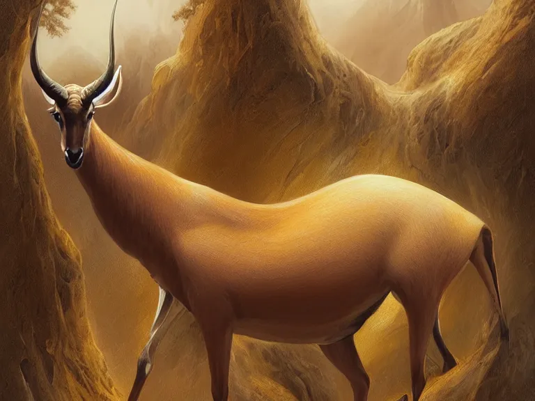 Prompt: An antelope with many large yellowish leathery, rounded convex tumors, sacs, and humps of various sizes growing on its spine. Concept art, extremely high detail, details, fantasy art, cinematic, art by Greg Broadmore, Boris Vallejo