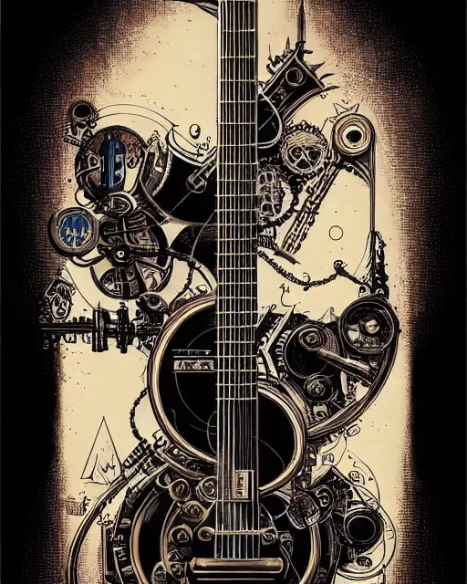 Prompt: a majestic steampunk alchemists guitar, two point perspective, furniture, high details, bold line art, by vincent di fate and joe fenton, inking, etching, screen print, masterpiece, trending on artstation, sharp, high contrast, hyper - detailed,, hd, 4 k, 8 k