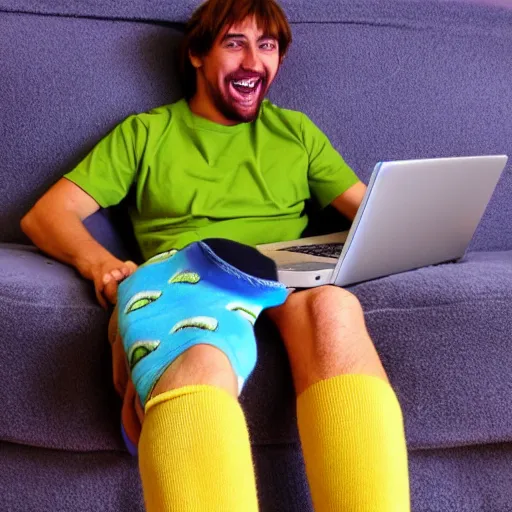 Image similar to shaggy from scooby doo with mismatching socks laptop and laughing