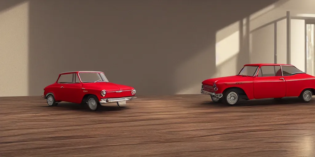 Image similar to a small miniature of a red Chevrolet Opala near a book and a pencil on a wooden table, hyperrealistic, concept art, octane render, unreal engine 5, path tracing, complementary colours, high quality, highly detailed, 4K, symmetrical, low contrast, serene landscape, calm, high coherence