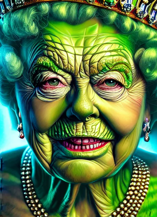 Prompt: portrait of queen elizabeth as the hulk, hyperdetailed illustration by irakli nadar and alexandre ferra, volumetric lighting, psychedelic, intricate, hyper detailed, smooth, vibrant aura, intricate linework