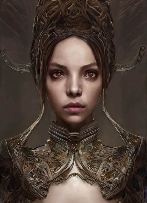 Image similar to a professional painting of a beautiful young female alien, clothed in ethereal armor, olive skin, long dark hair, beautiful bone structure, symmetrical facial features, intricate, elegant, digital painting, concept art, smooth, sharp focus, illustration, from Valerian and the City of a Thousand Planets, by Ruan Jia and Mandy Jurgens and Artgerm and William-Adolphe Bouguerea