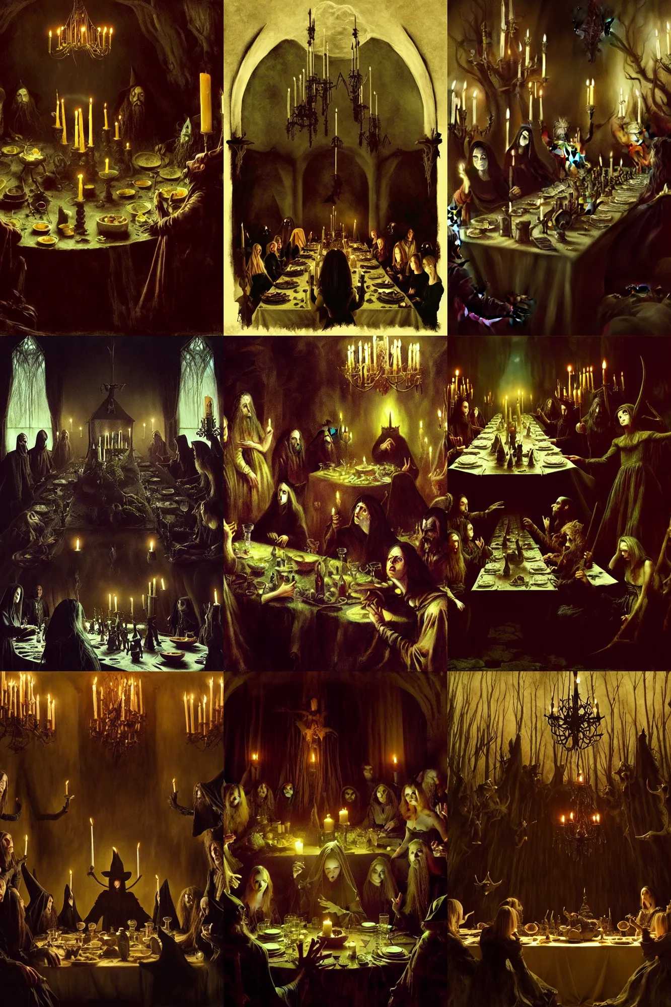 Prompt: the witch's banquet, masterpiece, dark fantasy, horror, creepy, beautiful composition, by joe dante and denis villeneuve and gregory crewdsoni and john singer sargent, artstation, 4 k