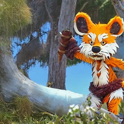 Prompt: Kimahri from Final Fantasy X played by Hobbes from Calvin and Hobbes