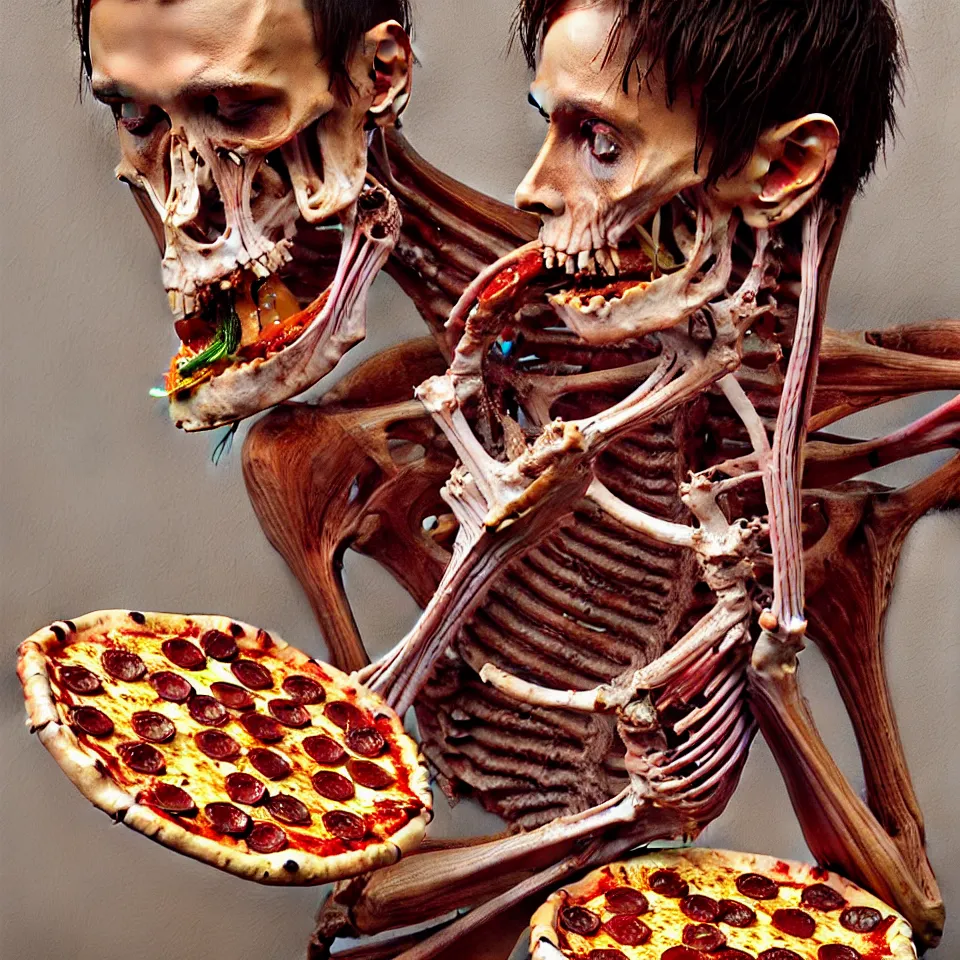 Prompt: bright realistic anorexic man ribs boney eating his girlfriend, pizza, pasta, puke, appartment, rotten flesh, diffuse lighting, fantasy, intricate, elegant, highly detailed, lifelike, photorealistic, digital painting, artstation, illustration, concept art, smooth, sharp focus, art by jenny saville