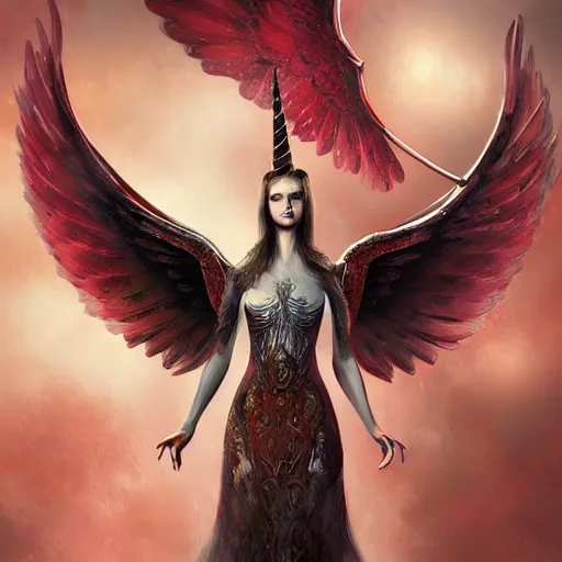 Prompt: woman - unicorn hybrid red angel - wings, stunning, realistic, symmetric portrait, face, intricate, very detailed, fantasy digital art, trending in artstation, marc simonetti