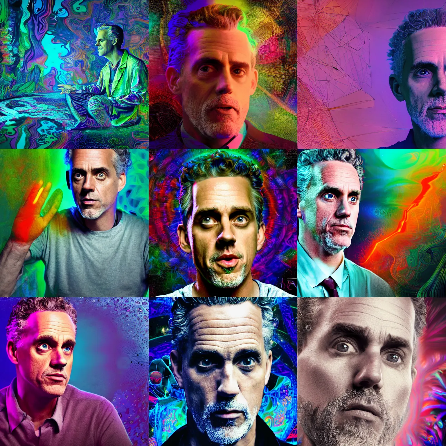 Prompt: Jordan Peterson having a psychedelic experience, digital art, weta digital, 8k