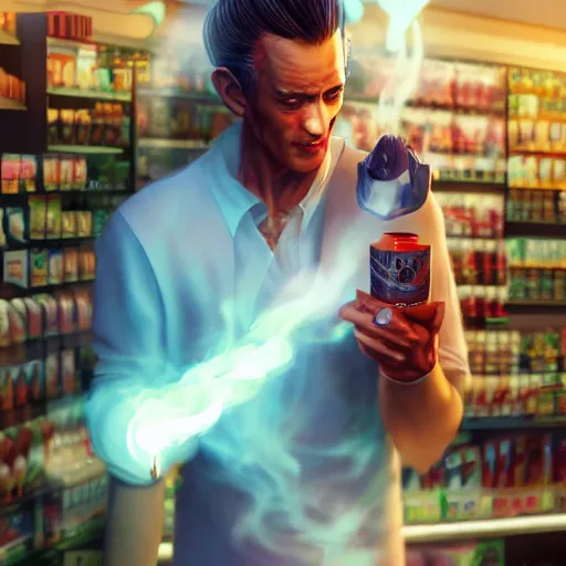 Prompt: realistic beelzebub smoking a joint in a 7 - 1 1 store, volumetric lighting, cgsociety, artstation, in the style of artgerm