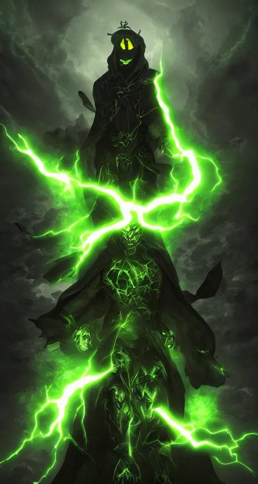 Image similar to illustration of dark priest holding green lightning, black halo, evil, power, green mist, scary, photorealistic, unreal engine, hellish background , Mtg , Dnd ,