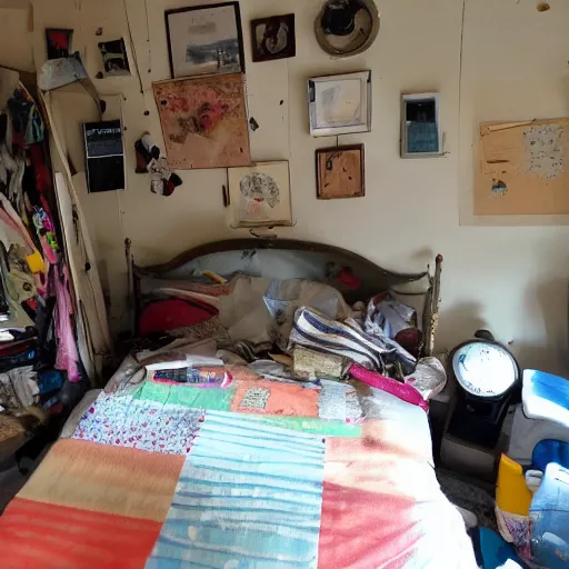 Prompt: a girl's bedroom showing signs of wear and habitation. cluttered.