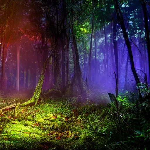 Prompt: a rainforest clearing at night softly lit by multicolored lights, dim lighting, leaves in foreground, HD, 8k, high resolution, photo, surreal, album art