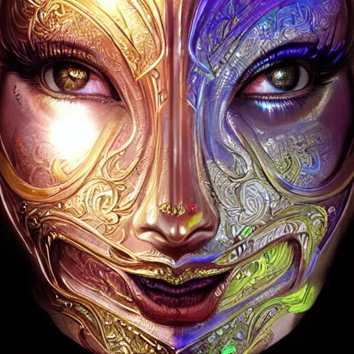 Image similar to Very very very very highly detailed epic photo of holographic face with demonic venetian mask, intricate, dystopian, sci-fi, extremely detailed, digital painting, artstation, concept art, smooth, sharp focus, illustration, intimidating lighting, incredible art by Artgerm and Vincent di Fate