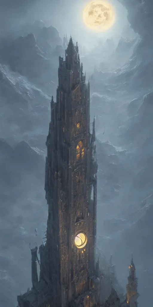 Prompt: Extremely tall wizard tower under a pale moon, Darek Zabrocki, Karlkka, trending on Artstation, 8K