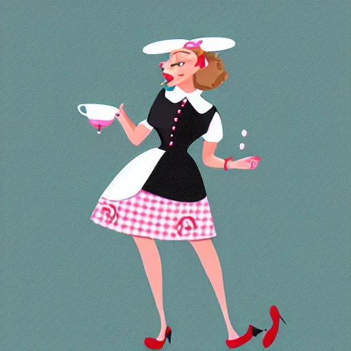 Prompt: beautiful anthropomorphic female sheep dressed in a 1 9 5 0 s waitress outfit, cartoon, digital art, full character, minimalist and abstract background, hyper details