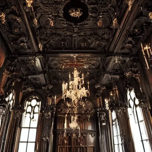 Image similar to gothic hall with large chandeliers under the ceiling, horror style