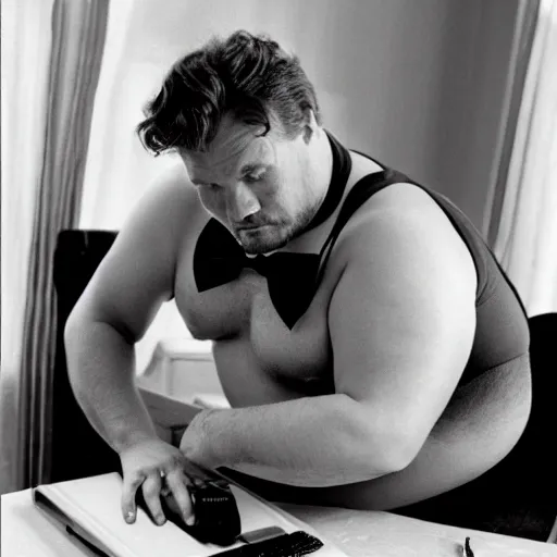 Prompt: chubby patrick swayze working from home at the computer shirtless wearing a bowtie