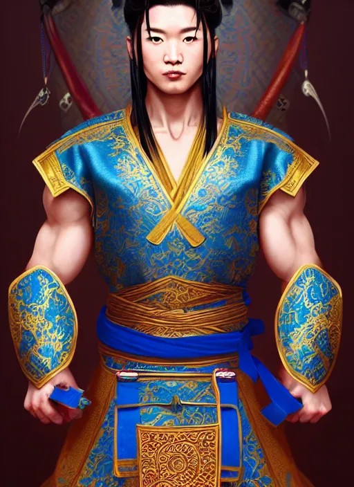 Image similar to male mongolian martial artist!!!! blue eyes!! intricate ornate blue robes!! character concept art, sharp focus, octane render! unreal engine 5! highly rendered!! trending on artstation!! detailed linework!! illustration by artgerm, wlop, and chie yoshii