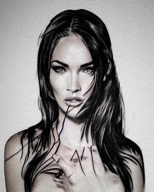 Image similar to creative double exposure effect tattoo design sketch of megan fox and beautiful mountain scenery, realism tattoo, in the style of matteo pasqualin, amazing detail, sharp