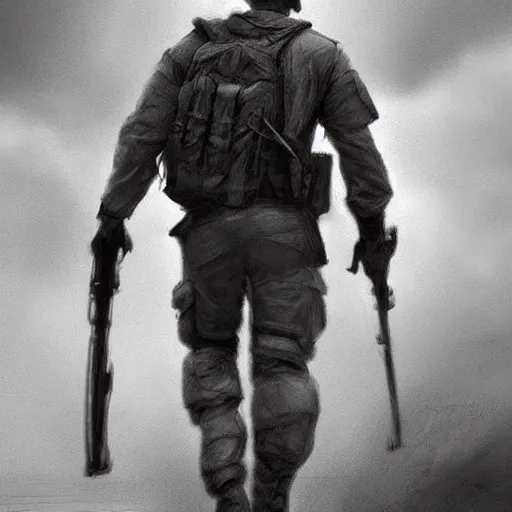 Image similar to pencil art, distant shot, realistic, cinematic, hyper detailed, smooth, hero walking up to the army to fight a war.