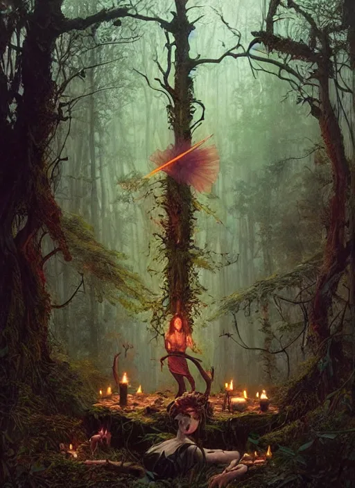 Image similar to a hyper realistic witch shrine, candles, in the woods, distant explosions, gorgeous lighting, lush forest foliage, painting by chiara bautista and tom bagshaw, mucha, beksinski and norman rockwell and greg rutkowski weta studio, and lucasfilm