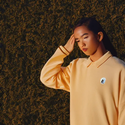 Prompt: A photoshoot of a Yeezy x Golf Le Fleur collaborative clothing brand, vintage camera, dreamy, atmospheric, golden hour, cinematic lighting, 8K concept art