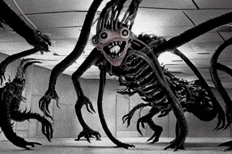 Prompt: a scary filmic wide shot color ground level angle movie still 35mm film photograph of the full body of a dangerous shape shifting abstract alien organism from The Thing 1982, with multiple mutated snarling horffic distortedd human faces with a grotesque variety of human and animal limbs protruding from its lower torso inside a lab, in the style of nature documentary footage