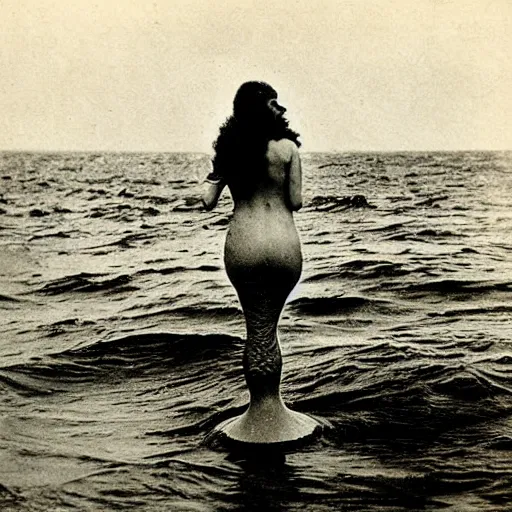 Prompt: early 1900s photograph of a mermaid in the sea