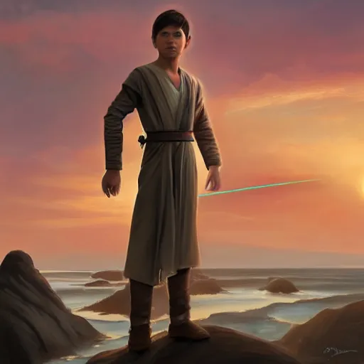 Image similar to a young male jedi with short dark blonde hair standing still looking at the sunset concept art by Doug Chiang cinematic, realistic painting, high definition, concept art, portait image, path tracing, serene landscape, high quality, highly detailed, 8K, soft colors, warm colors, turbulent sea, high coherence, anatomically correct, hyperrealistic, concept art, defined face, five fingers, symmetrical