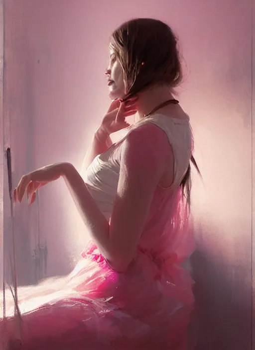 Prompt: portrait of a beautiful girl in her bedroom, shades of pink, beautiful face, rule of thirds, intricate outfit, spotlight, by greg rutkowski, by jeremy mann, digital painting