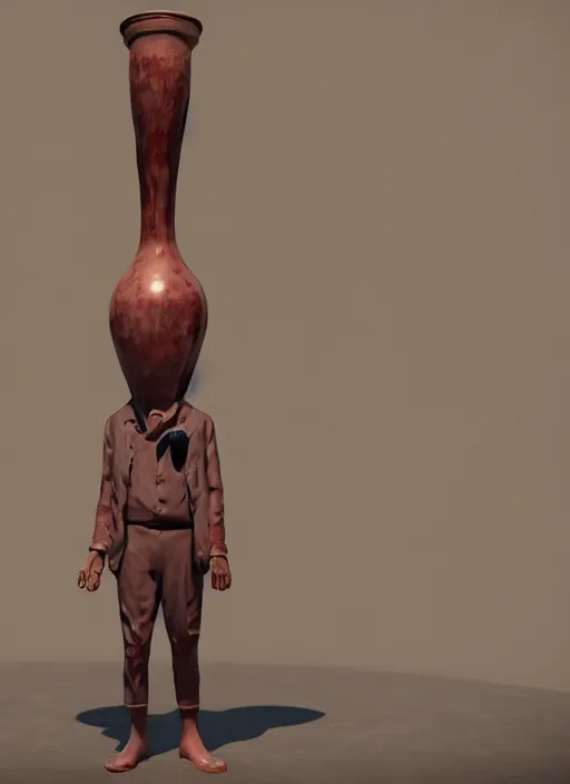 Image similar to a sculpture of a man standing next to a tall vase, a raytraced image by Hikari Shimoda, polycount, video art, vray tracing, ray tracing, rendered in unreal engine