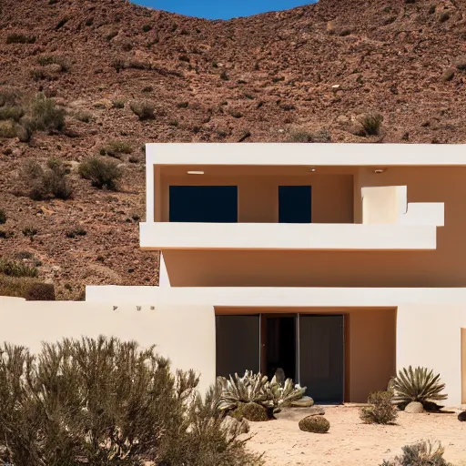 Prompt: A house designed by Frank Lloyd Wring in the middle of the desert, photographed by Fernando Guerra, realistic, 4k, detailed