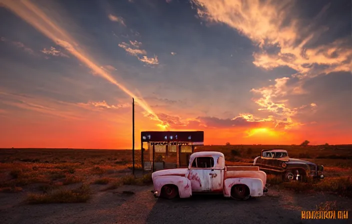 Prompt: A blinding backlight summer sunset landscape with historical route66 with abandoned gas station and a single old rusty pickup-truck. the summer light dimly illuminates, diffuse light, octane render, lots of sparkling details and sun ray’s, blinding backlight, smoke, volumetric lighting, 35 mm, beautiful reflections, heavenly, softlight