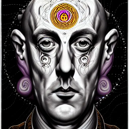 Image similar to An extremely psychedelic portrait of AleisterCrowley, surreal, LSD, face, detailed, intricate, elegant, lithe, highly detailed, digital painting, artstation, concept art, magical, magic, magick, Occult, smooth, sharp focus, illustration