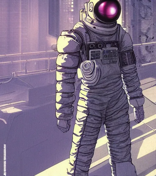 Prompt: cyberpunk japanese engineer with long limbs and a black spacesuit on a spacewalk, techwear, dead space, visible face, Industrial Scifi, detailed illustration, character portrait, by Martin Grip and Moebius