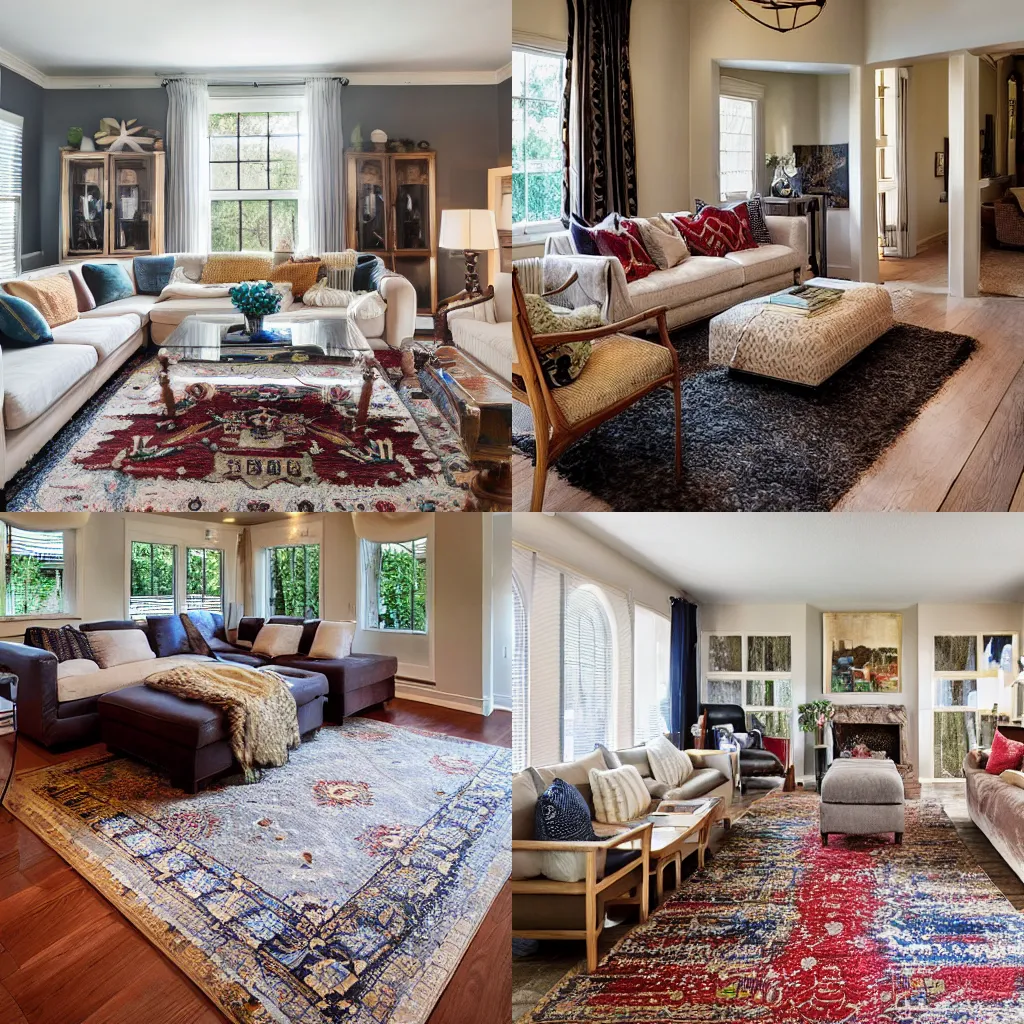 Prompt: a living room with a great rug that really ties the room together, 4K realtor photo