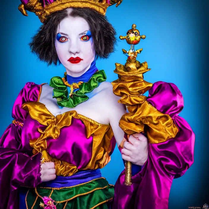 Image similar to full body photo of a real - life beautiful female jester queen, 8 k, hdr, smooth, sharp focus, high resolution, award - winning photo