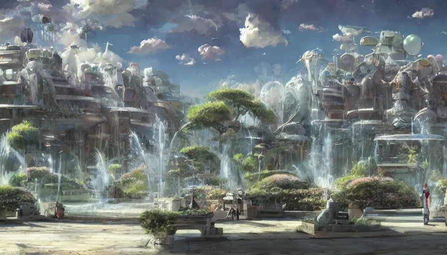 Image similar to craig mullins and studio ghibli illustration of futuristic society living in an exosphere structure, science fiction landscape, animals around a fountain in the center, ufos scattered above, clouds, unreal engine, hyper realism, realistic shading, cinematic composition, realistic render, octane render, detailed textures, photorealistic, wide shot