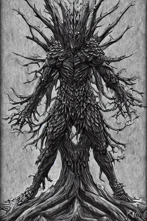 Image similar to armoured tree humanoid monster, symmetrical, highly detailed, digital art, tree armour, sharp focus, trending on art station, kentaro miura manga art style