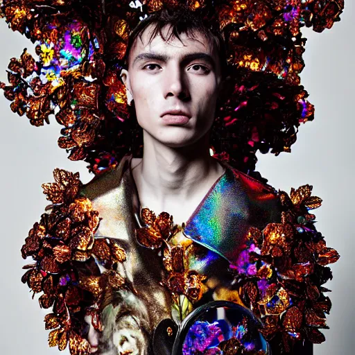 Prompt: a portrait of a beautiful young male wearing an alexander mcqueen armor made of holographic flowers , photographed by andrew thomas huang, artistic