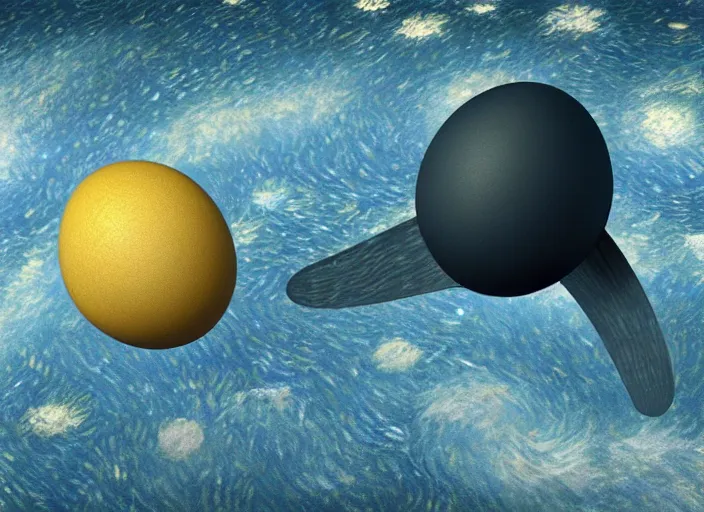 Prompt: 3d render of an egg shaped planet flying through interstellar space depicted by Vincent van Gogh, octane render