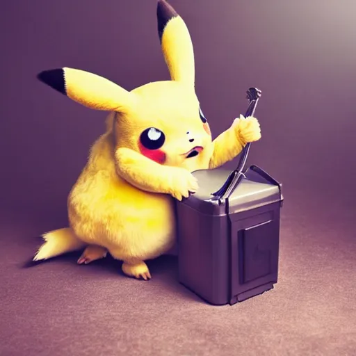 Prompt: sneezing cute detective sneezing pikachu wiping face with rag at a photoshoot studio lighting by annie leibovitz